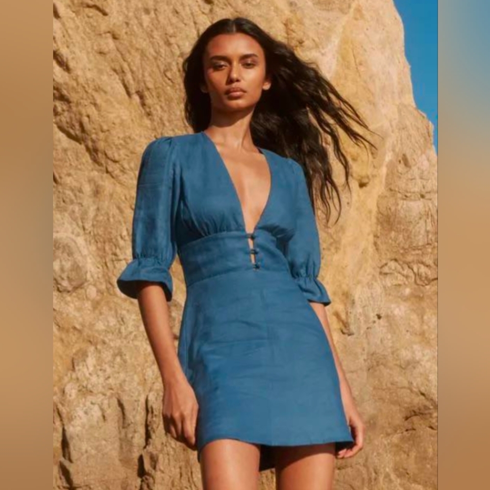 Reformation Simi Linen Dress In Azul